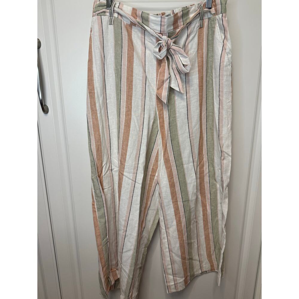Rachel Zoe Size 12 Striped Linen Blend Wide Leg Cropped Pants Tie Waist - Picture 5 of 5